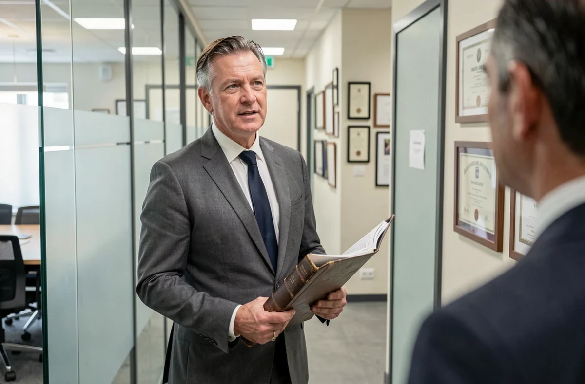 Avocat tenant un dossier juridique dans le couloir d'un cabinet pour conseiller des clients victimes d'une liquidation judiciaire immobilière