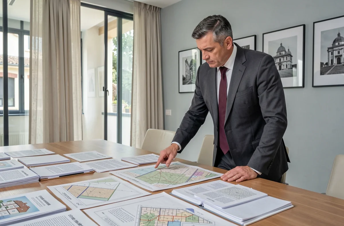 Avocat en droit immobilier à Avignon présentant des plans cadastraux lors d'une réunion de litige complexe