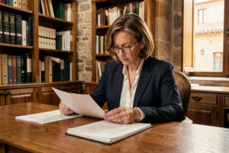 Avocate spécialisée en droit immobilier à Avignon consultant des documents juridiques dans un cabinet traditionnel