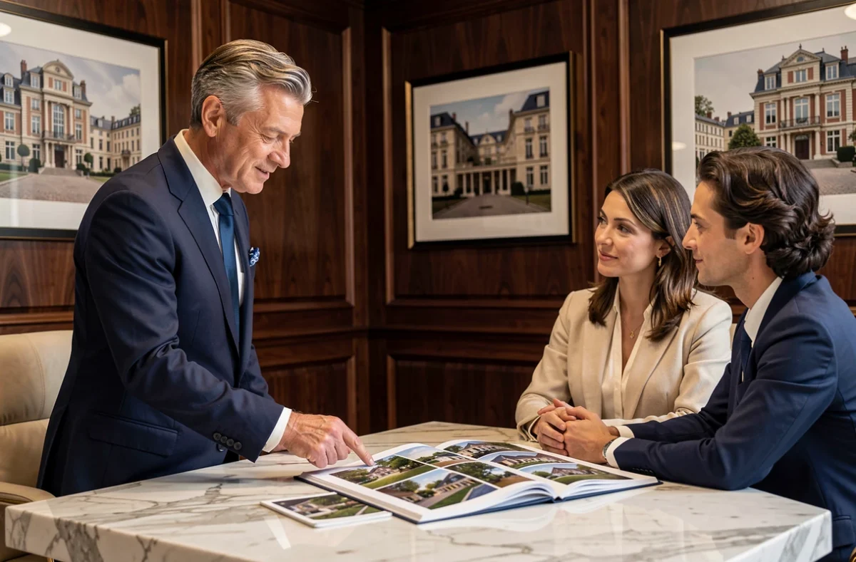 Réunion de conseil en immobilier de prestige chez Barnes Bordeaux dans un bureau luxueux avec mobilier en bois sombre