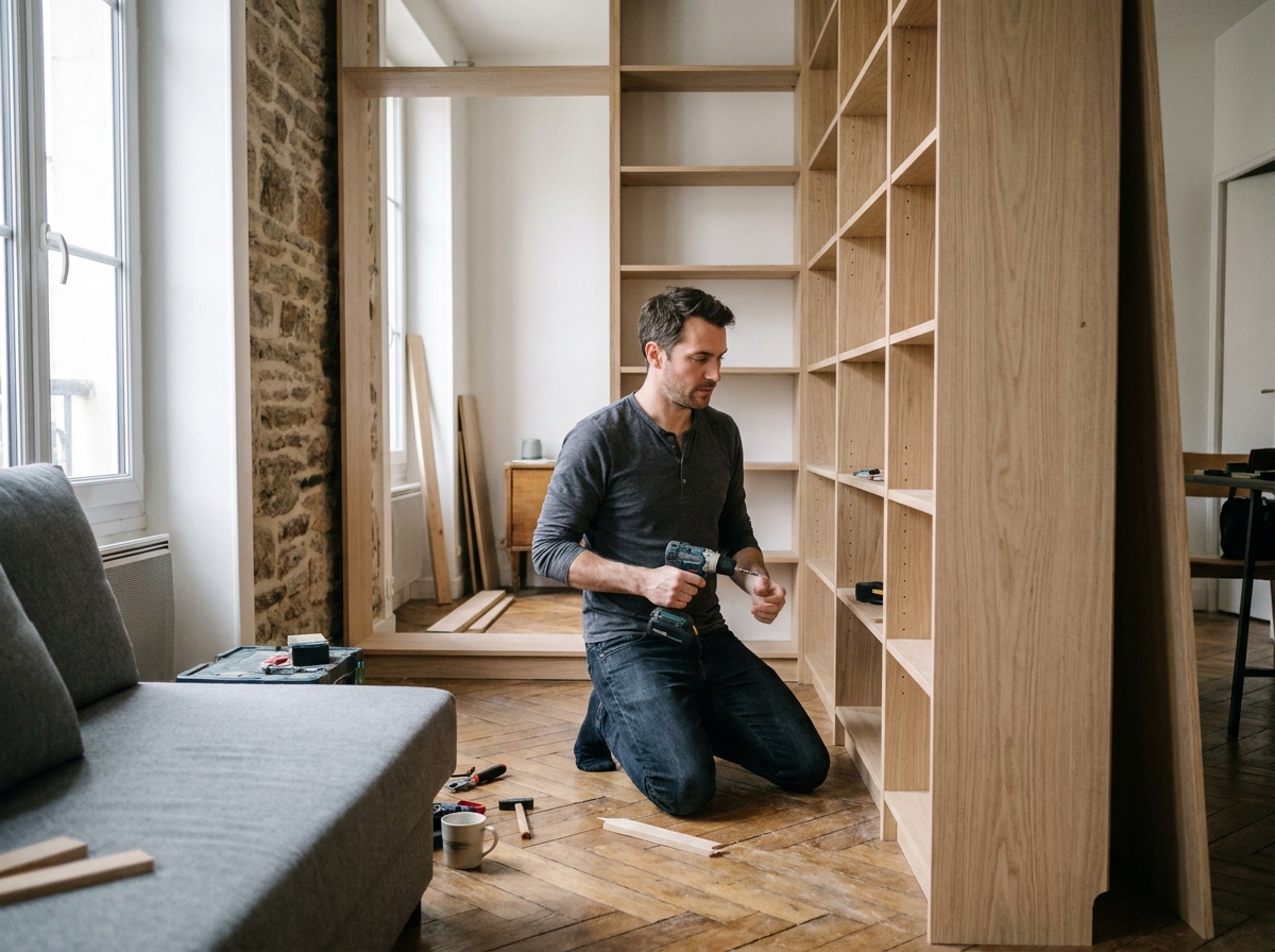 Homme assemblant une bibliothèque sur mesure du sol au plafond dans un salon étroit d'appartement à Nantes
