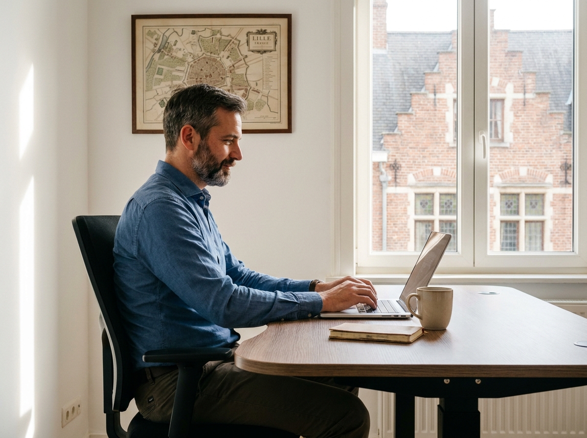 Homme travaillant seul dans un bureau privé loué à Lille avec vue sur architecture flamande