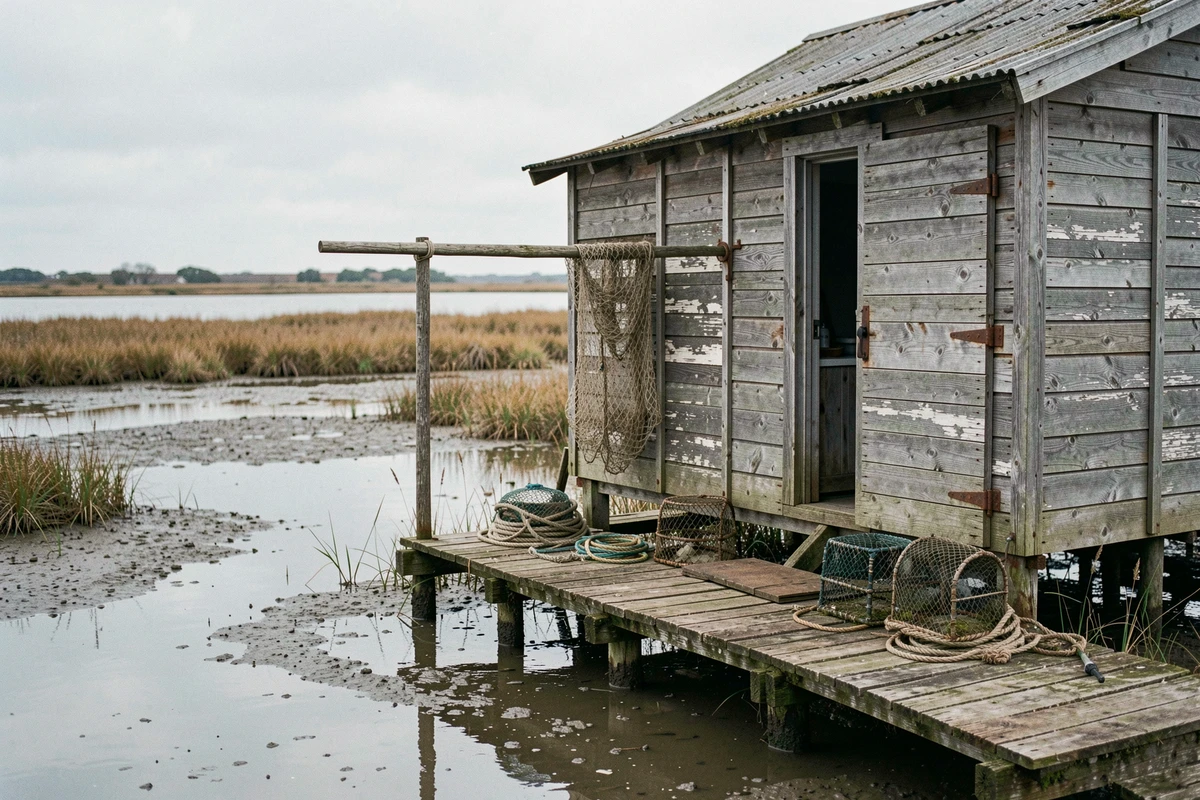 Cabane de pêcheur en bois sur pilotis au-dessus d'un estuaire avec filets de pêche et casiers à crabes empilés sur le ponton
