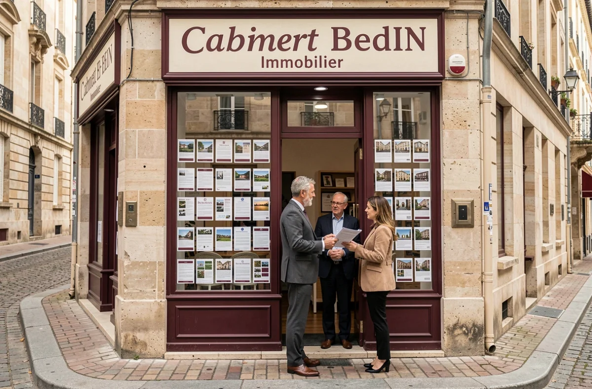 Vitrine du Cabinet Bedin Immobilier à Bordeaux avec des fiches de biens immobiliers affichées et un agent accueillant des clients