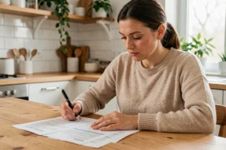 Femme calculant le prix de son assurance habitation à la table de cuisine avec des documents