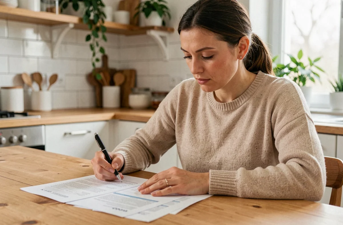 Femme calculant le prix de son assurance habitation à la table de cuisine avec des documents