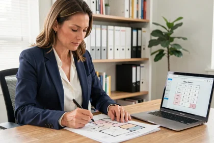 Femme consultant un plan de surface avec une calculatrice m2 ouverte sur ordinateur avant signature chez le notaire