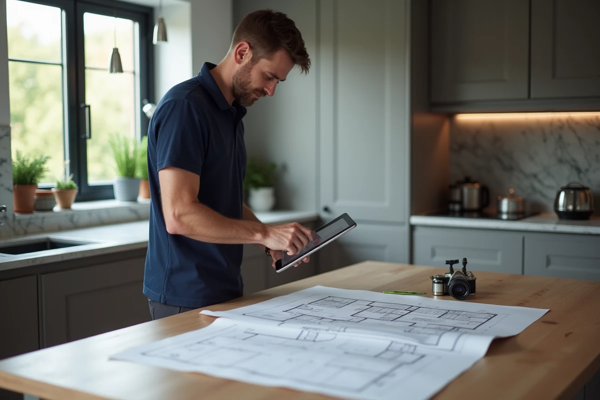 Homme consultant une calculatrice de surface en m2 sur tablette avec un plan architectural imprimé