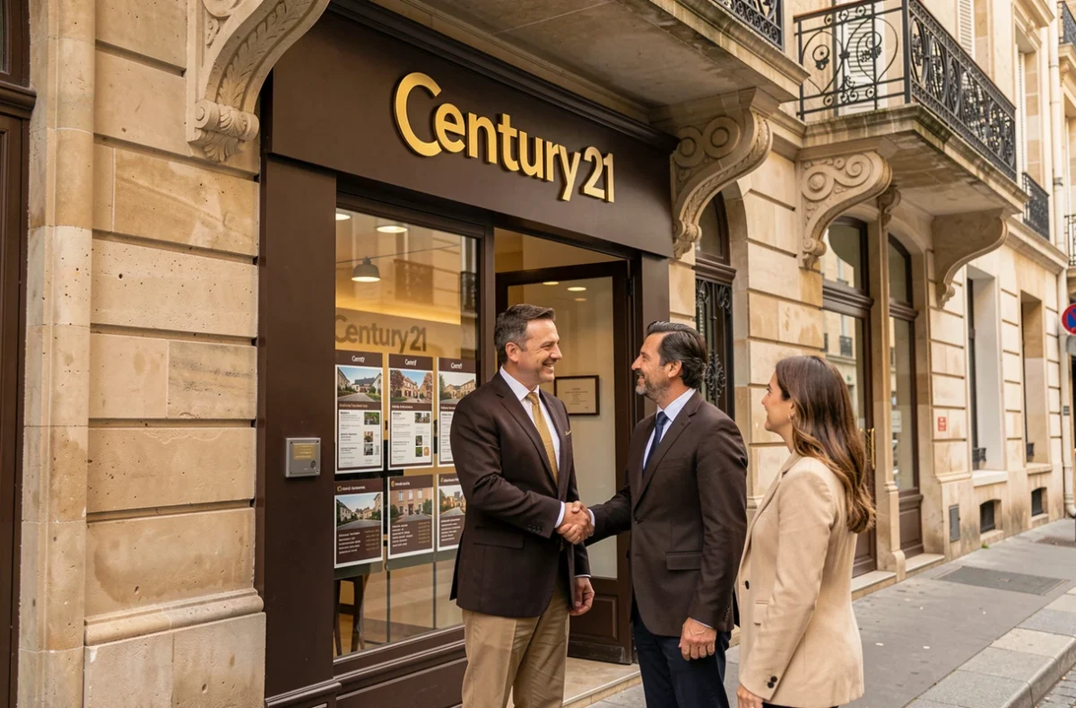 Façade de l'agence Century 21 à Bordeaux avec son enseigne brun et or reconnaissable et un agent accueillant des clients