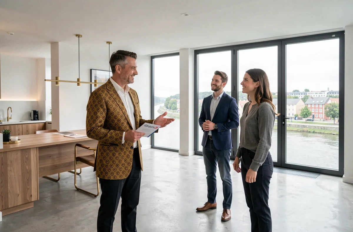Agent Century 21 présentant un appartement moderne avec vue sur la Moselle à Metz