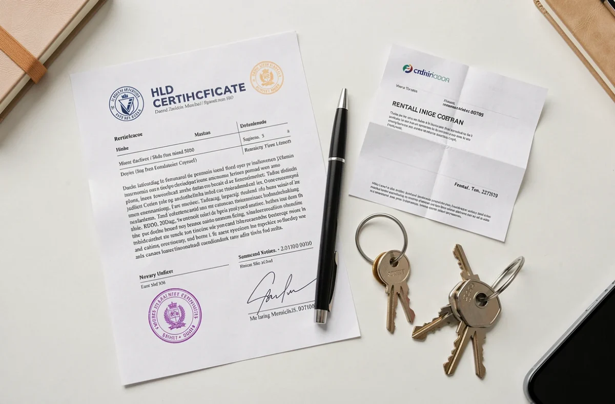 Certificat médical, lettre de préavis réduit et clés de logement posés sur un bureau blanc
