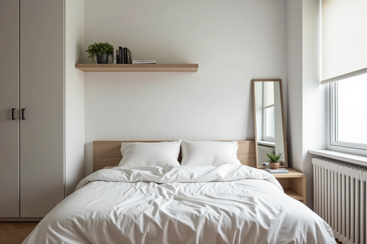 Chambre de 9m2 entièrement aménagée et valorisée avec parquet en arête de poisson et rangements muraux