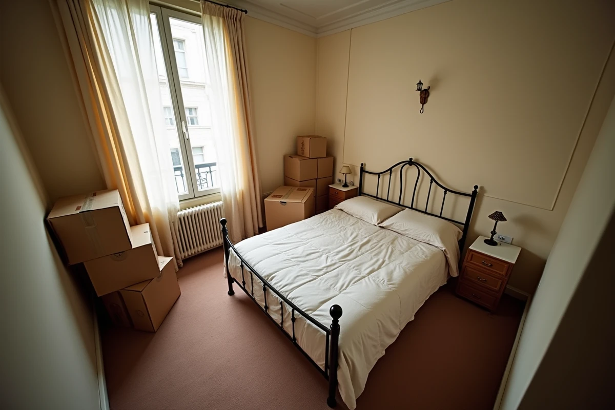 Chambre de location exiguë avec lit double occupant presque toute la surface disponible dans un immeuble ancien, soulevant la question des normes de taille minimale