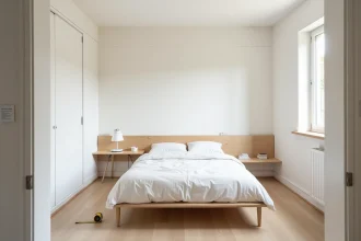 Petite chambre de moins de 9m2 en cours de rénovation avec lit en bois clair et rangements intégrés