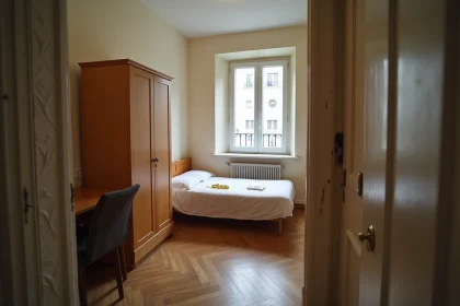 Petite chambre de location meublée avec lit simple, armoire et bureau dans un appartement parisien, illustrant les normes de surface minimale