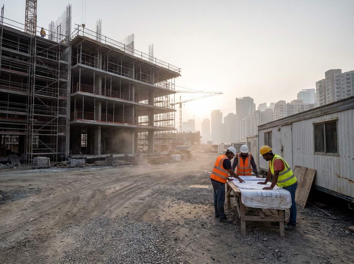 Chantier de construction immobilière urbaine avec ouvriers et grues illustrant un projet de crowdfunding immobilier