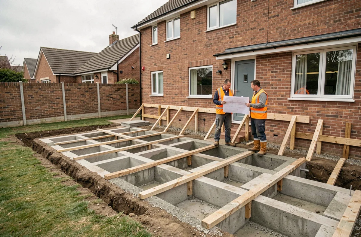 Vue large d'un chantier de reprise sous œuvre résidentielle avec ouvriers et puits de bétonnage alternés