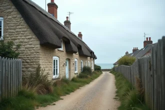 Chaumière normande en pierre avec vue sur la mer dans un village côtier de Normandie