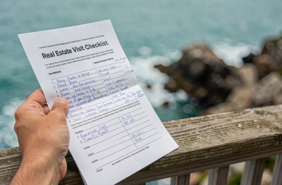 Check-list de visite immobilière annotée tenue à la main sur la rambarde d'une maison avec vue sur la mer