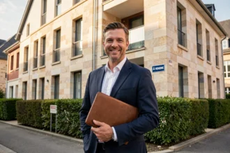Agent immobilier professionnel devant un immeuble résidentiel moderne à Metz, représentant le marché immobilier en Moselle