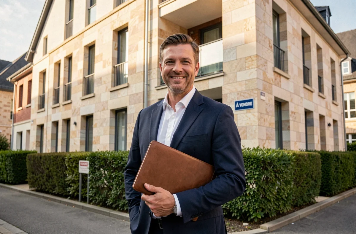 Agent immobilier professionnel devant un immeuble résidentiel moderne à Metz, représentant le marché immobilier en Moselle