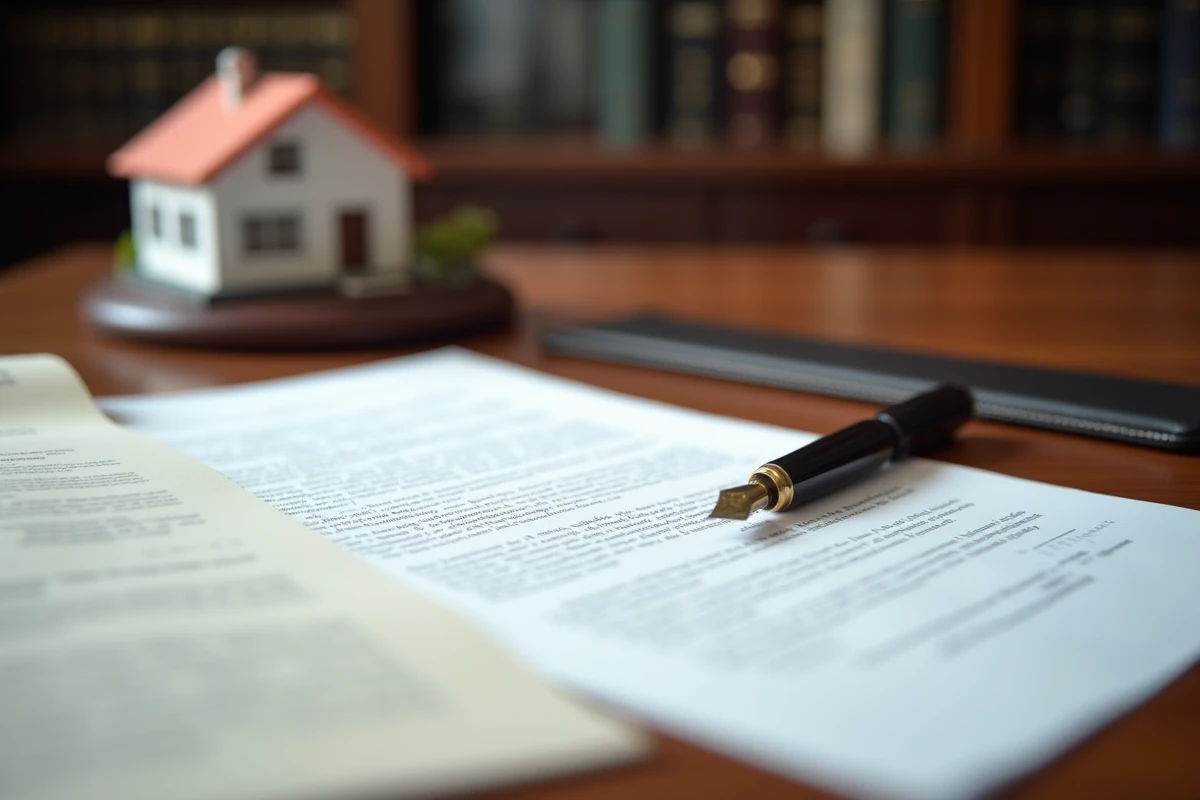 Gros plan sur un acte notarié avec stylo et modèle de maison symbolisant les clauses d'un contrat immobilier