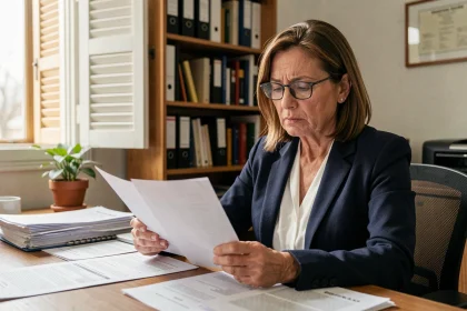 Femme consultant des documents juridiques après la liquidation judiciaire d'un promoteur immobilier