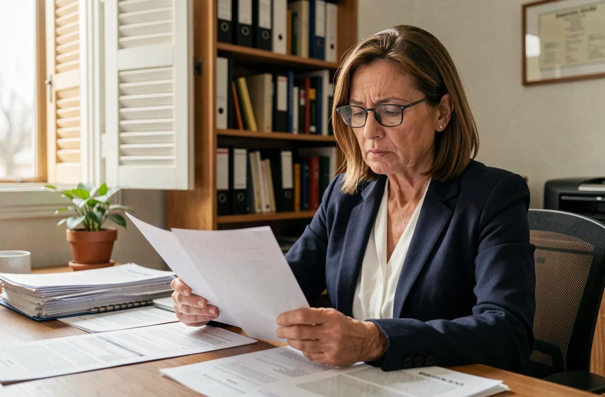 Femme consultant des documents juridiques après la liquidation judiciaire d'un promoteur immobilier
