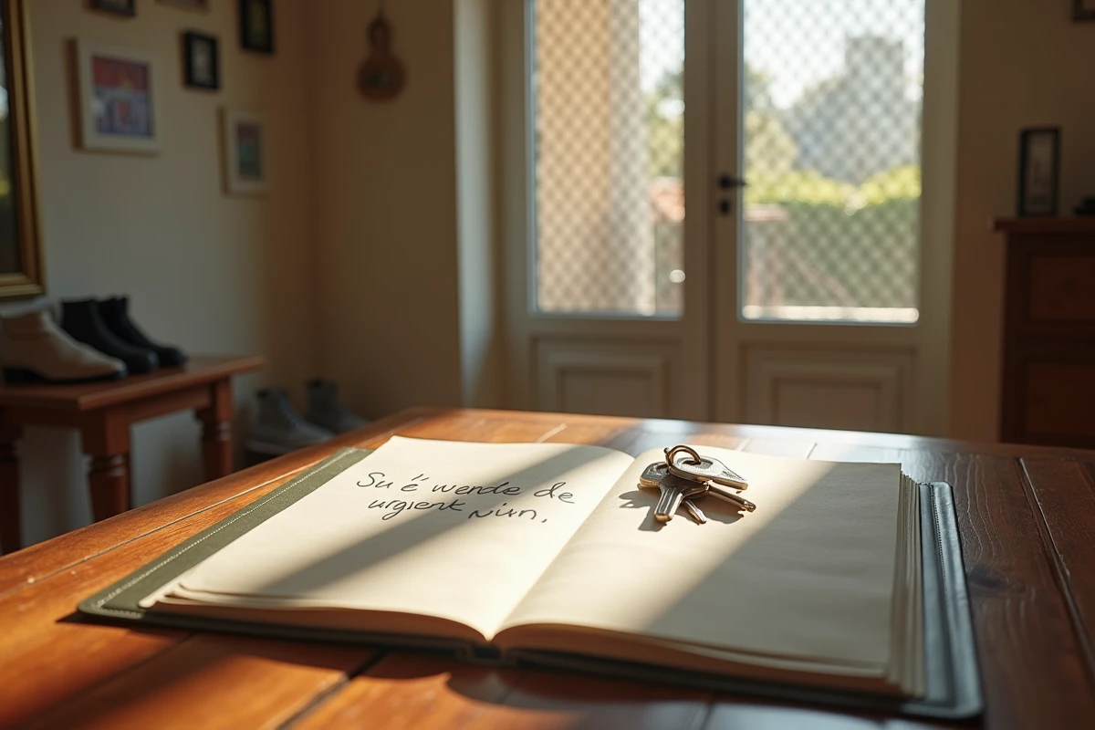 Cl&eacute;s et note sur une table d