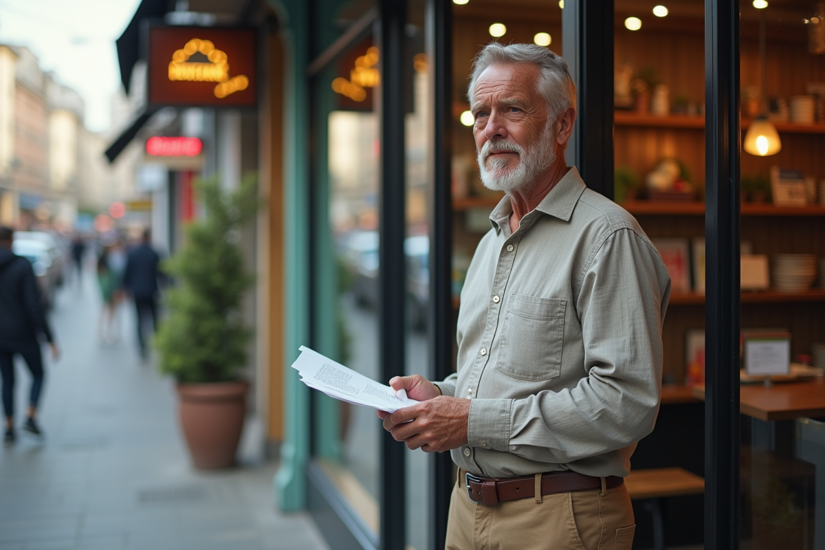 Homme commerçant regarde une lettre devant sa boutique urbaine