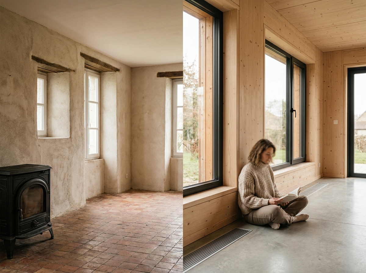 Comparaison intérieure entre une maison en pierre traditionnelle et une maison à ossature bois dans la région nantaise