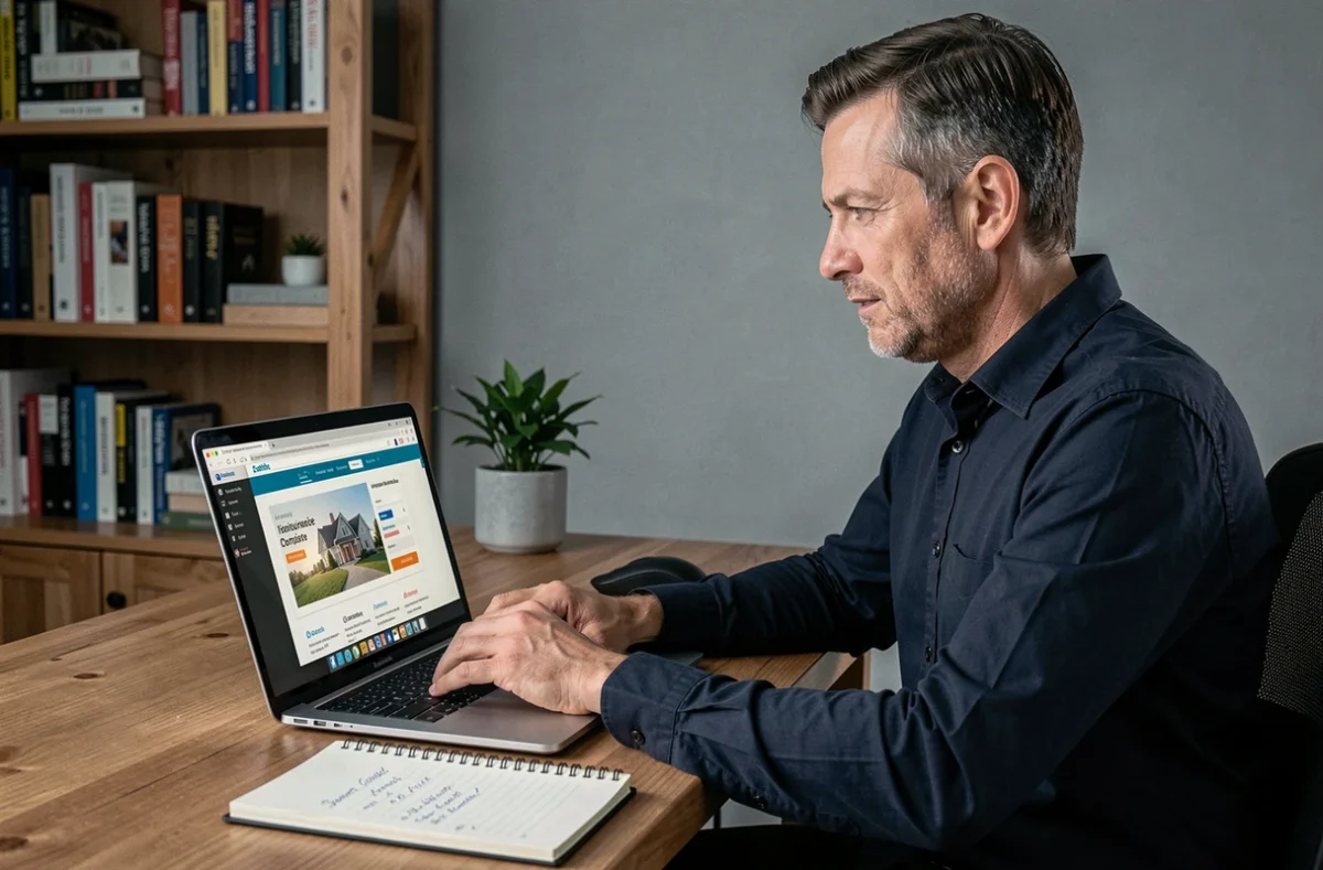 Homme comparant les tarifs d'assurance habitation sur ordinateur dans un bureau à domicile