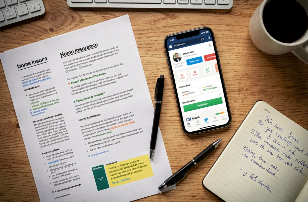 Vue aérienne de documents et comparatifs d'assurance habitation posés sur un bureau en bois