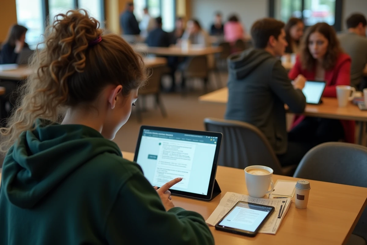 &Eacute;tudiante configurant sa bo&icirc;te mail acad&eacute;mique CONVERGENCE Toulouse sur tablette et smartphone dans une caf&eacute;t&eacute;ria universitaire