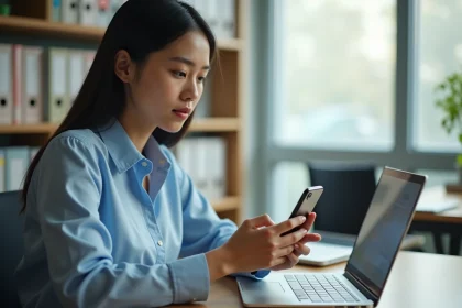 &Eacute;tudiante configurant sa messagerie acad&eacute;mique CONVERGENCE sur smartphone Android dans un bureau universitaire