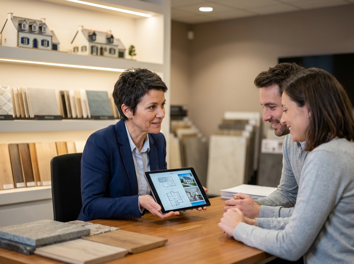 Conseillère en construction présentant des options de maison à des clients dans un showroom de constructeur breton