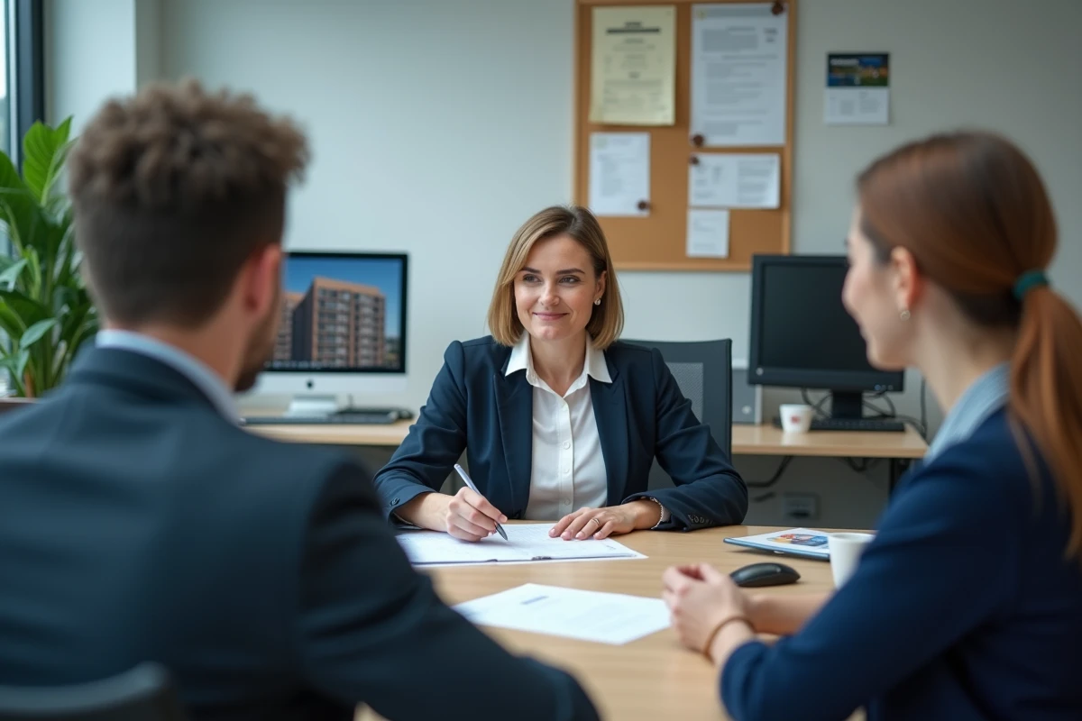 Conseillère en logement expliquant les aides disponibles à un jeune couple dans un bureau social