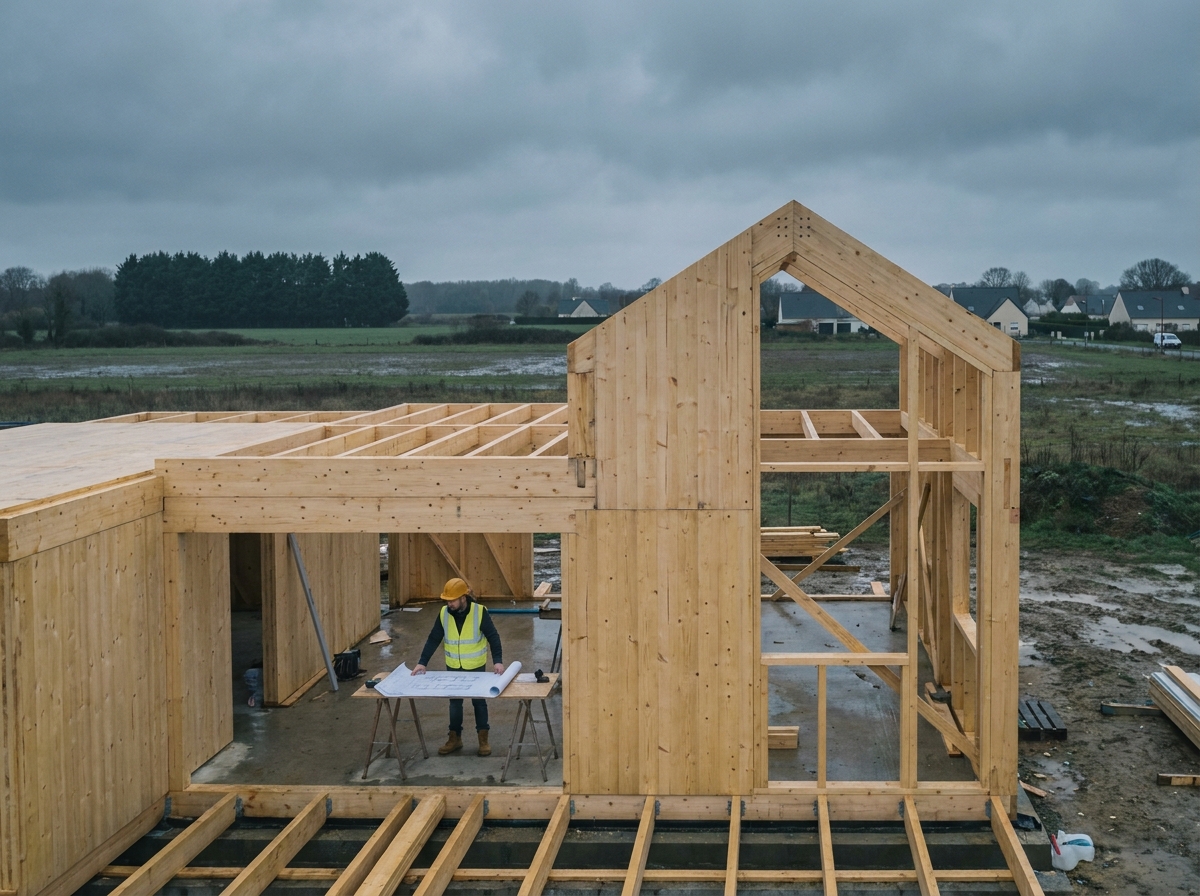 Charpente en ossature bois en cours de construction près de Nantes avec un ouvrier consultant des plans architecturaux