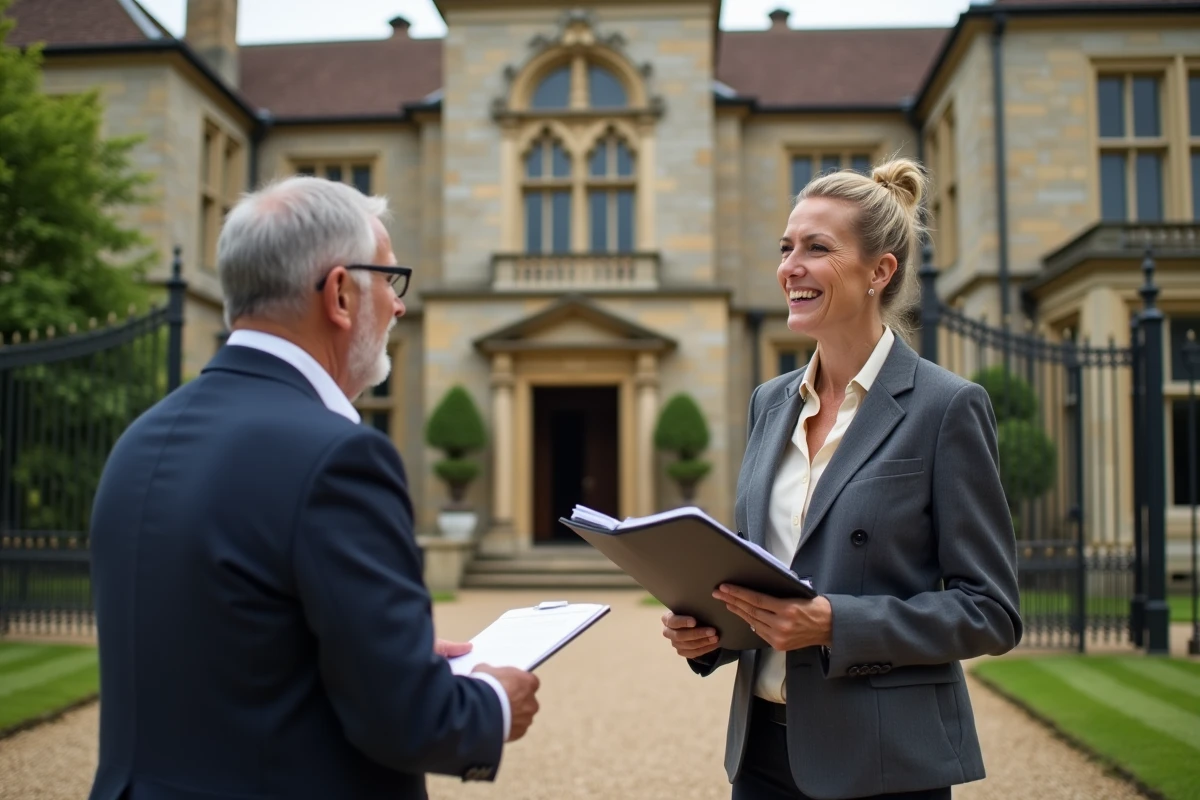 Consultante immobiliere devant une grande maison ancienne