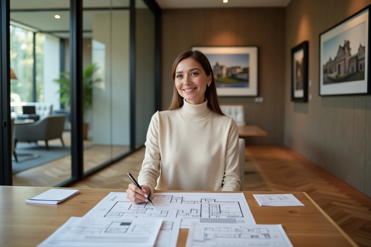 Consultante immobilière de luxe étudiant plusieurs rapports d'estimation pour une maison haut standing dans un bureau moderne