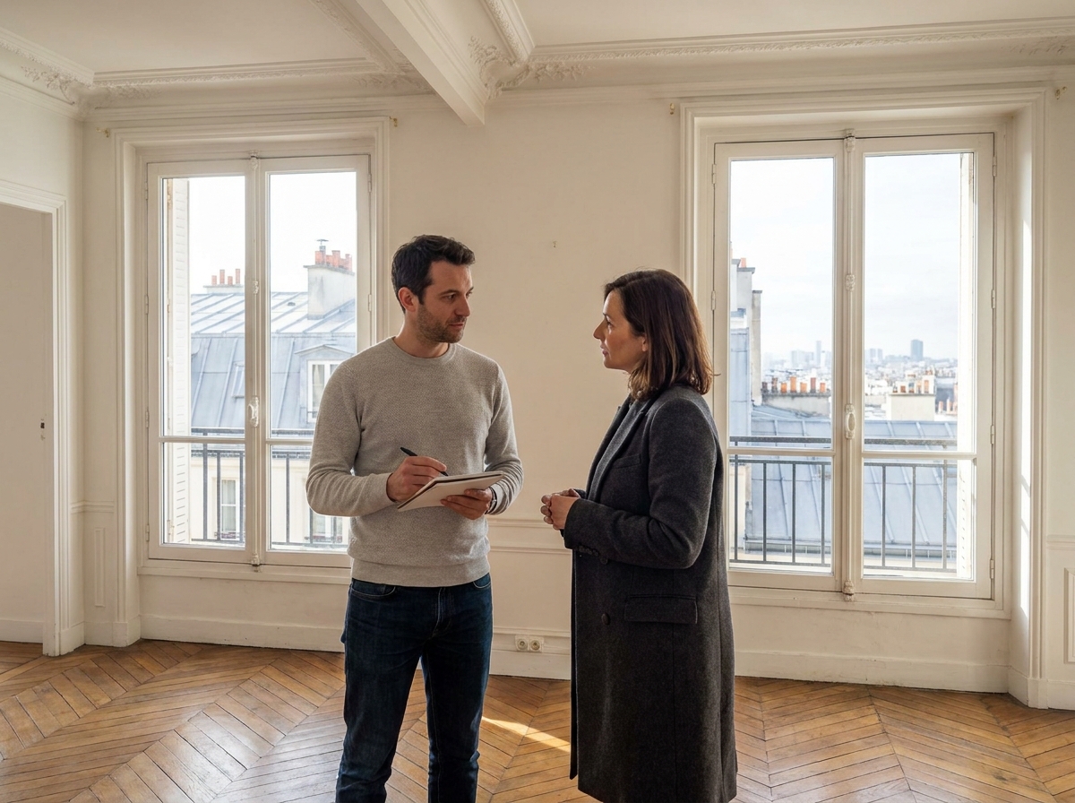 Un acheteur et une consultante immobilière discutent dans un appartement parisien vide avec parquet chevron et hauts plafonds