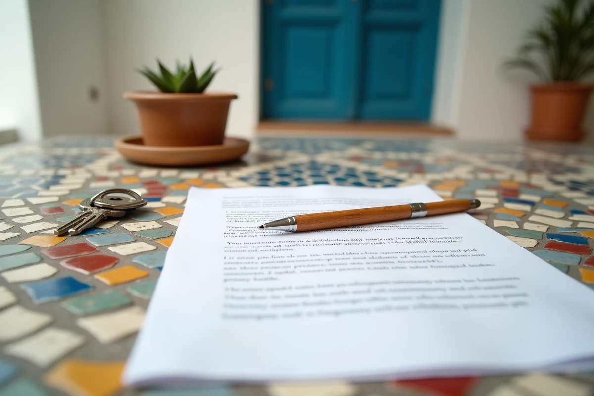 Contrat de bail et clés d'appartement sur carrelage zellige marocain typique d'Essaouira pour location longue durée