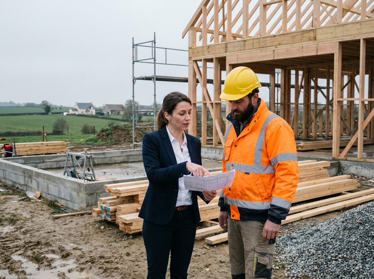 Femme et chef de chantier examinant un contrat sur un chantier de construction résidentielle près de Nantes avec fondations et échafaudages visibles