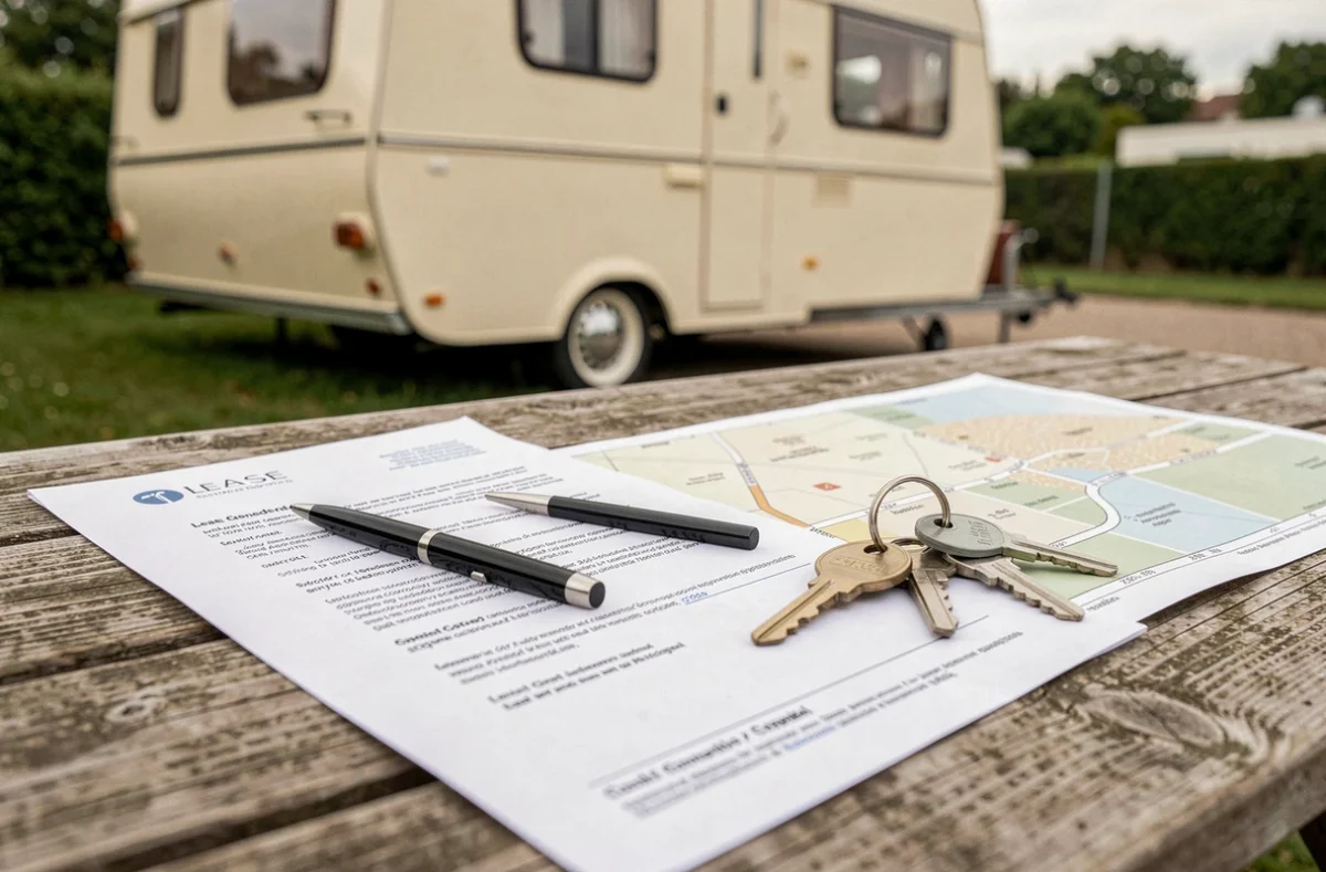 Documents administratifs de location de terrain pour caravane posés sur une table en bois avec clés et plan de parcelle