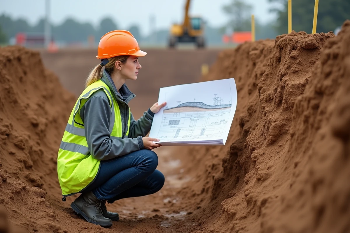 Ingénieure sur chantier comparant un plan de coupe terrain au profil réel du sol excavé