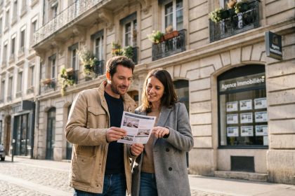 Couple consultant une annonce immobilière devant un immeuble haussmannien à Lyon