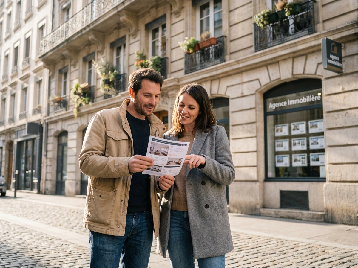 Couple consultant une annonce immobilière devant un immeuble haussmannien à Lyon
