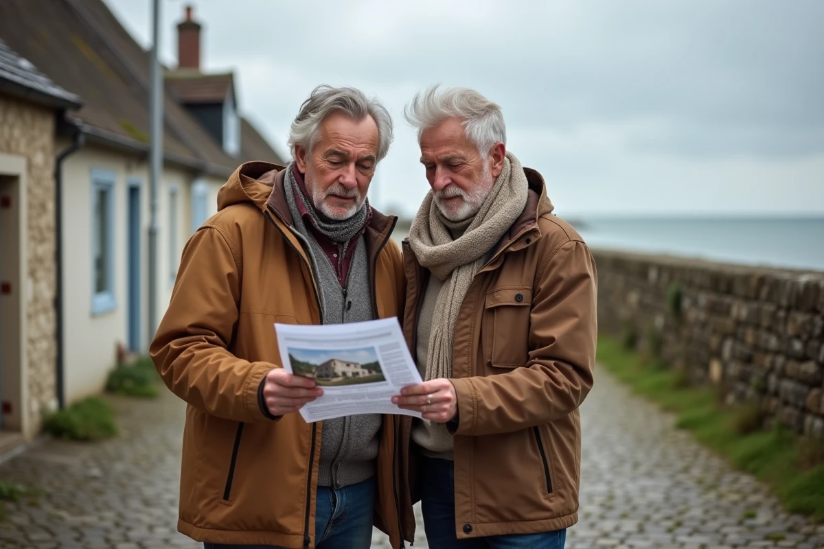 Couple consultant une annonce immobilière devant une maison en bord de mer en Normandie