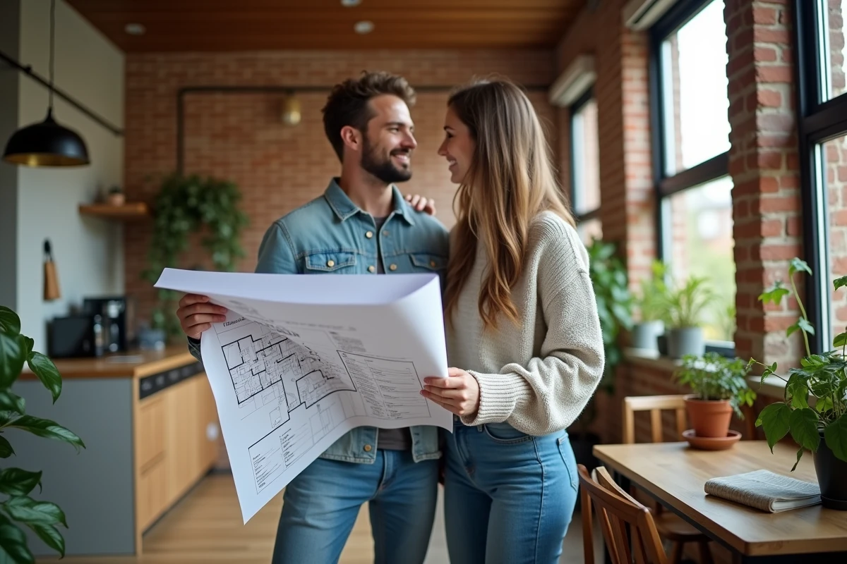 Jeune couple am&eacute;nageant un studio moderne avec plantes