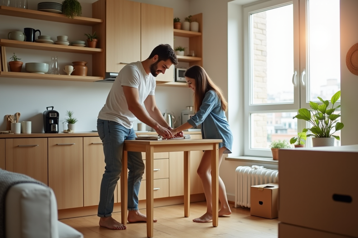 Jeune couple assemblant une table dans un appartement lumineux